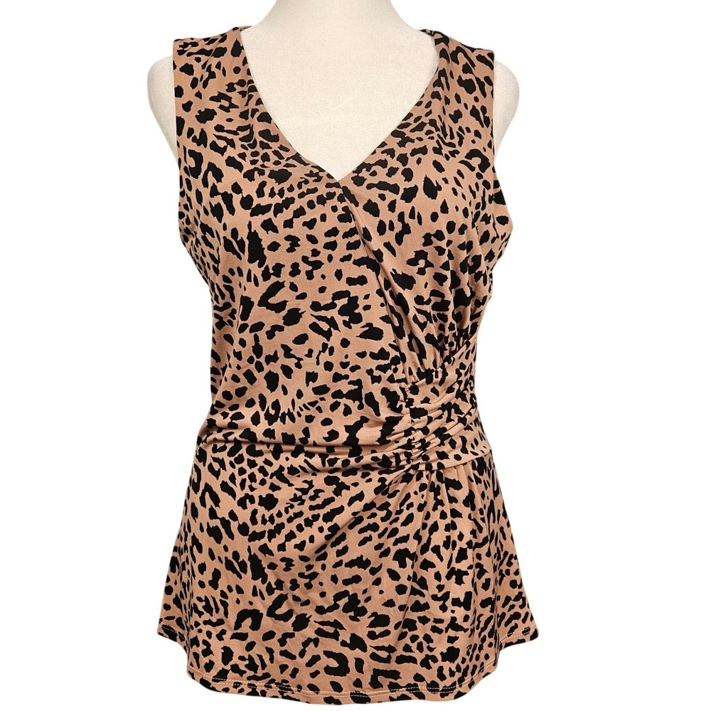Gilli Womens Leopard Print Surplice Ruched Tank Top Tan Black Sleeveless V-Neck
